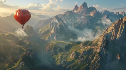 A colorful hot air balloon is seen flying gracefully above a majestic mountain range, capturing the breathtaking view of the landscape below. The balloon creates a striking contrast against the rugged - 783277535