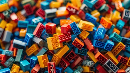 Fototapeta na wymiar Colorful Assortment of Toy Building Bricks in Closeup