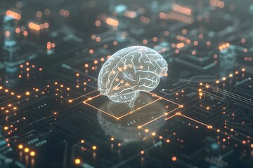 Advanced AI Technology Concept with 3D Digital Brain on Microchip and Glowing Network Connections
