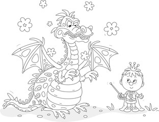 Hungry fire-breathing mythical dragon with clouds of smoke and a funny little prince with a sword on a battlefield in a fairytale kingdom, black and white vector cartoon illustration