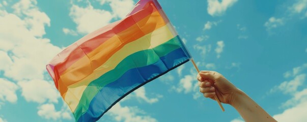 A hand holding the rainbow flag waving in front of a blue sky background, representing pride month.