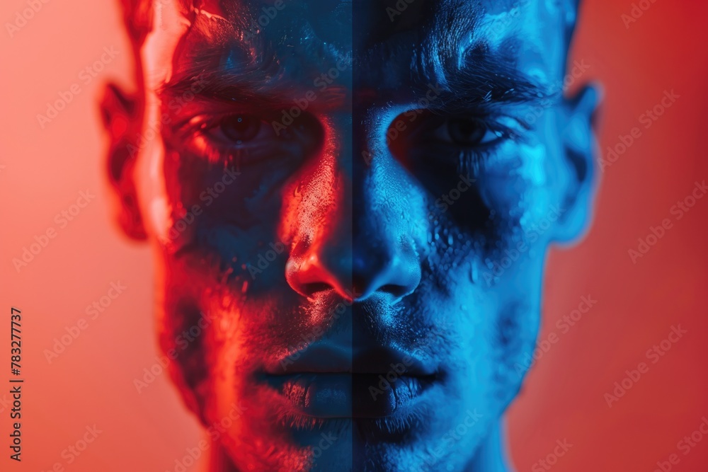 Poster close up of a man's face against red and blue backdrop. ideal for business or technology concepts