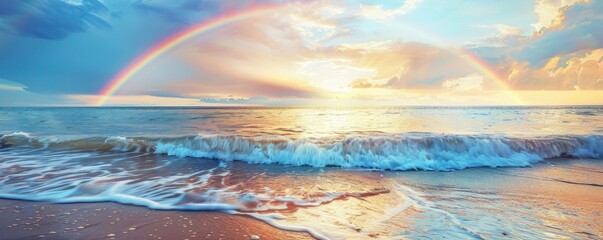 A rainbow arching over the ocean, with gentle waves lapping at the shore, symbolizing hope and joy in natures display of beauty. A rainbow over the beach at sunrise - obrazy, fototapety, plakaty