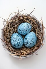 Naklejka na ściany i meble Three blue speckled eggs in a nest. Suitable for Easter or spring-themed designs