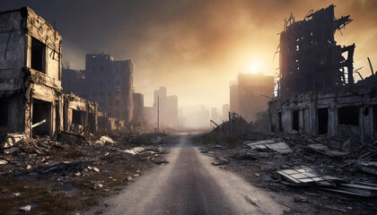 Post-apocalyptic ruined city. Destroyed buildings and ruined roads. Destruction and decay.