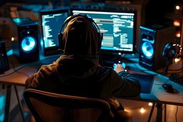 Mysterious Hacker in Dark Room with Multiple Computer Screens Displaying Code and Cybersecurity Data