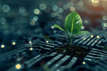 Sustainable Technology Concept: Green Plant Growing on Electronic Circuit Board