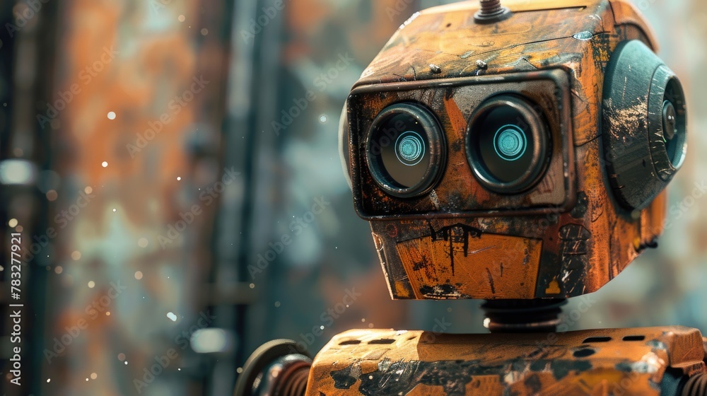 Poster detailed close up of a robot with blurred background, suitable for tech designs