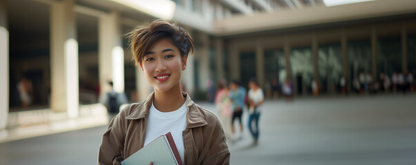 Confident student young asian woman smiling outdoors with book in university campus