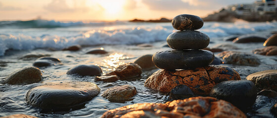 Zen Stones Stacked by Tranquil Water at Sunset