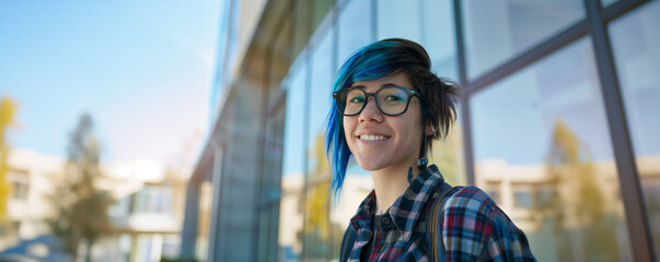 Smiling young woman with blue hair outdoors