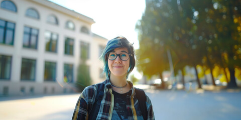 Smiling young woman with glasses outdoors