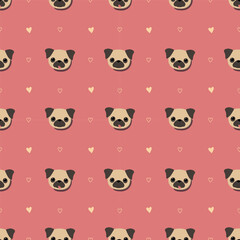 Seamless pattern with pug dogs. Cute background with pug heads. Pattern for packing of gifts, tiles fabric backgrounds. Sample for the website. Vector illustration on pink