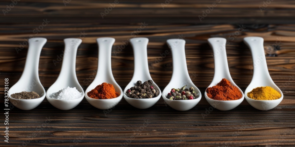 Poster Various spices displayed on spoons, perfect for culinary projects