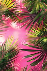 Vibrant palm leaves on a soft pink backdrop. Ideal for tropical themed designs