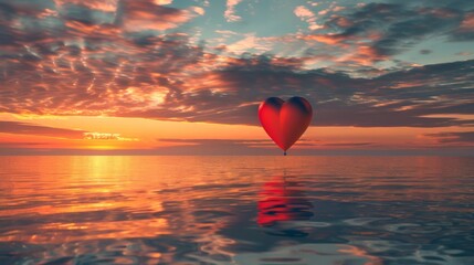 A heart-shaped balloon drifts on the oceans surface as the sun sets, casting a warm golden glow over the water. - 783278162