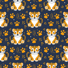 Cute cartoon tigers, seamless pattern for children. Printing on textiles, fabric, wallpaper, paper.