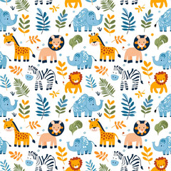 Seamless pattern with cute african animals. Tiger, leon, giraffe, zebra and elephant.  Can be used for for nursery posters, patterns, wallpapers.