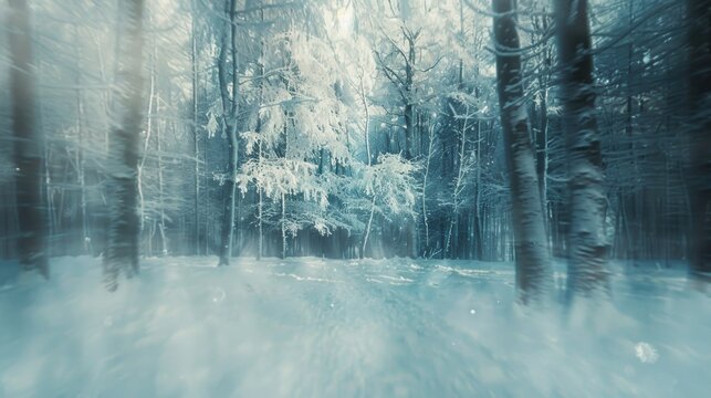 Fototapeta A blurry photo of a snowy forest. Perfect for winter-themed designs