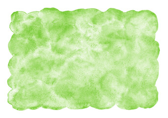Green watercolor background. Hand drawn light grass green watercolour texture with cloudy aquarelle stains. Painted spring, nature, eco, vegan, St. Patrick Day rectangle template. Artistic uneven edge
