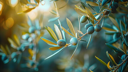 Sunlit Olive Branch with Ripe Fruits and Glistening Bokeh
