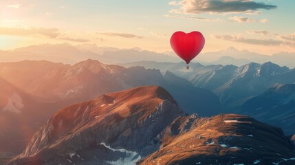 A heart shaped balloon gracefully floats above a majestic mountain range, creating a striking contrast against the rugged peaks and vast sky. The balloon moves with the wind, showcasing a unique and