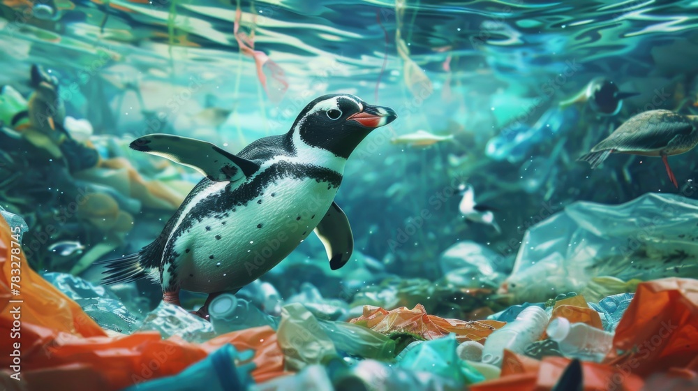 Poster a penguin swimming in an aquarium filled with garbage. suitable for environmental and pollution conc