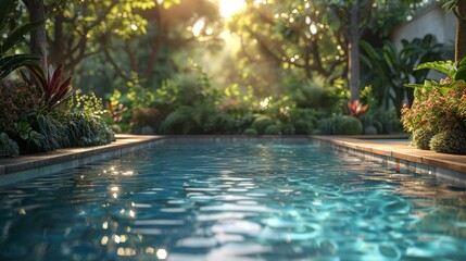  Lush poolside garden basking in the golden sunlight of dawn