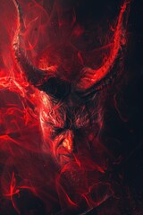 A red demon with horns on a black background. Suitable for Halloween themes
