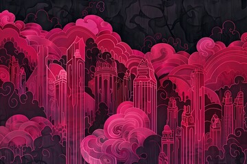 A stylized cityscape illustration blending architecture and fantasy, ideal for thematic backdrops, editorial illustrations, and creative urban designs.