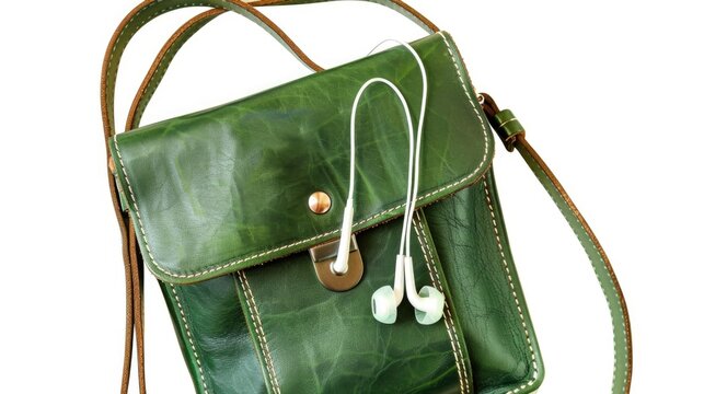 A green purse with ear buds attached, perfect for tech and fashion bloggers