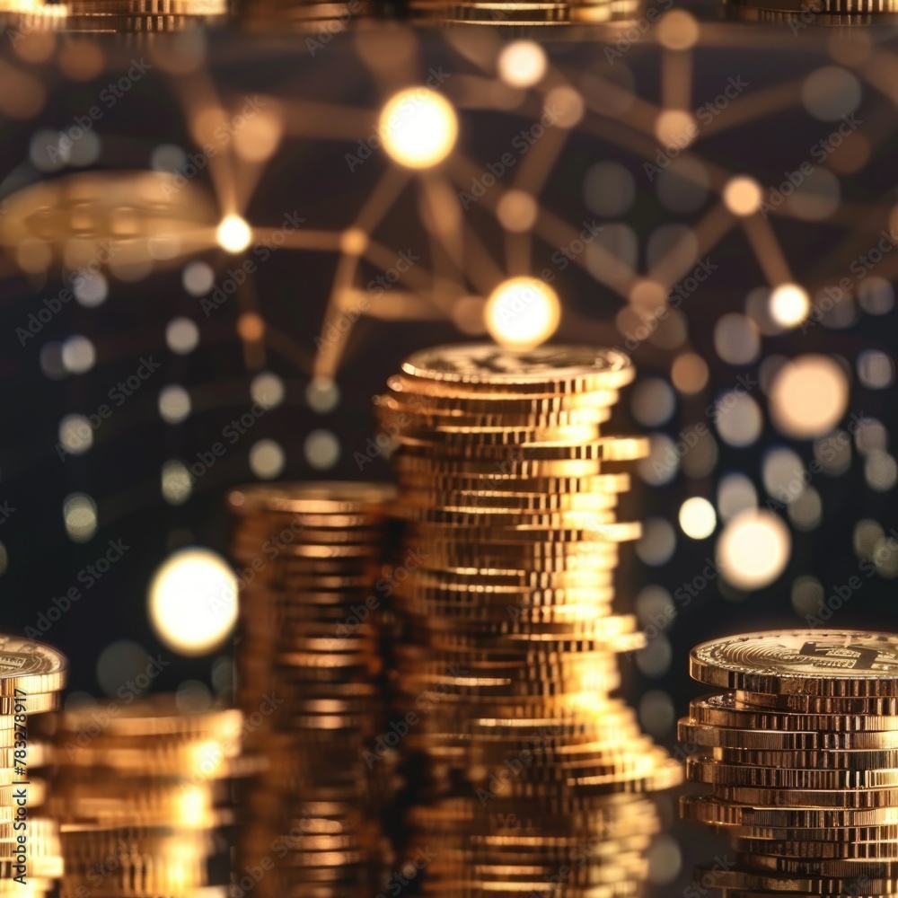 Poster a pile of gold coins stacked on top of each other. suitable for finance and investment concepts.