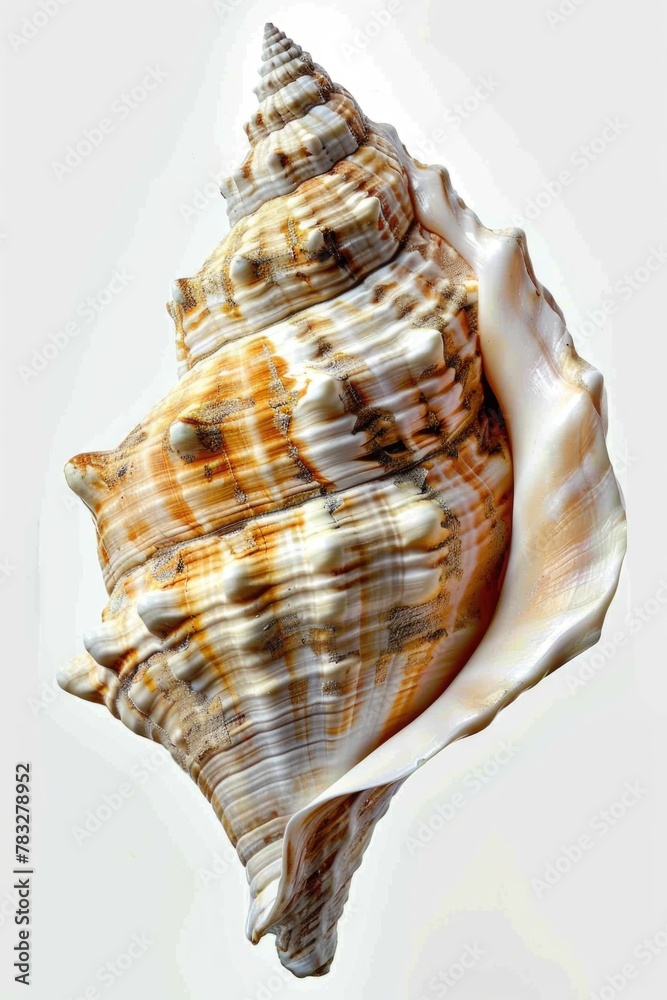 Poster Detailed close up of a shell on a plain white surface, suitable for various design projects
