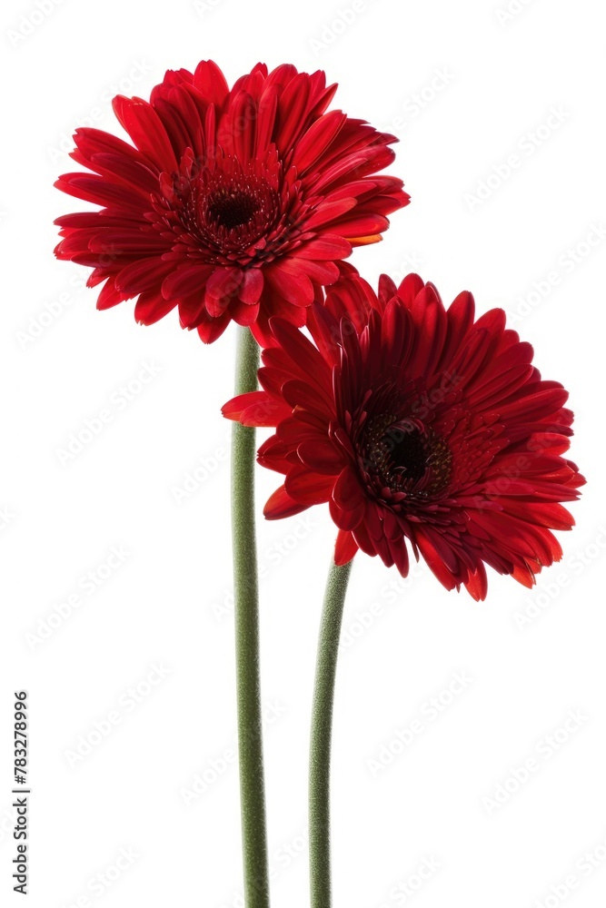Poster two red flowers in a vase, suitable for various design projects