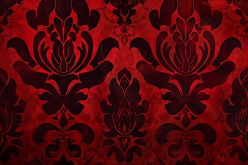 An ornate red damask pattern set against a dark background creates a sumptuous wallpaper ideal for adding a touch of elegance. - obrazy, fototapety, plakaty