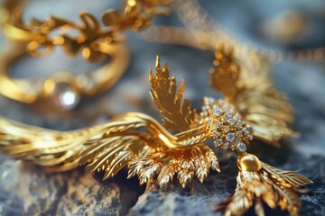 Detailed close up of a gold brooch with a pearl, perfect for fashion or jewelry designs - obrazy, fototapety, plakaty