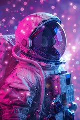 An astronaut in a space suit against a pink background. Suitable for space exploration concepts