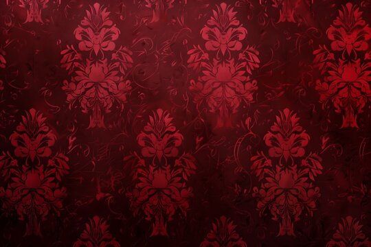 An ornate red damask pattern set against a dark background creates a sumptuous wallpaper ideal for adding a touch of elegance.