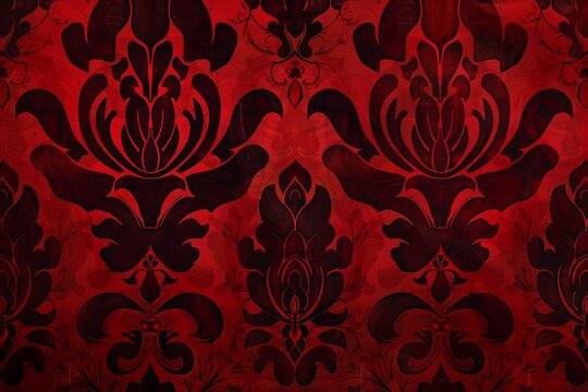 An ornate red damask pattern set against a dark background creates a sumptuous wallpaper ideal for adding a touch of elegance.