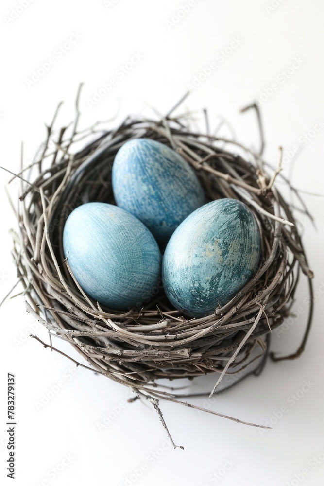 Poster Three blue eggs in a nest on a white surface. Suitable for nature and spring-themed projects
