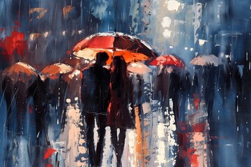 Romantic Rainy Evening Cityscape with Couple Sharing Umbrella - Impressionist Style Painting