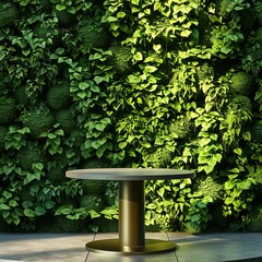 A modern round table stands in the midst of a leafy wall, providing a natural and engaging setting for product displays, especially for organic or eco-conscious brands.