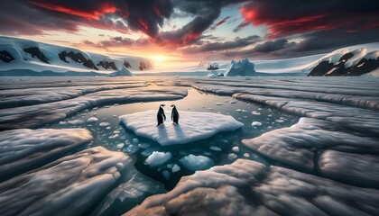  Antarctica icebergs melting  with twice penguin lonely for environment issue concept of climate change effects - obrazy, fototapety, plakaty