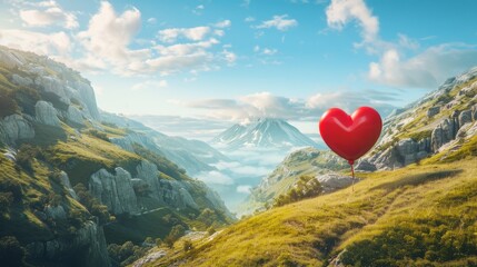 A surreal scene of a photo-realistic heart-shaped balloon gracefully flying over a majestic mountain, creating a stunning contrast against the natural landscape.