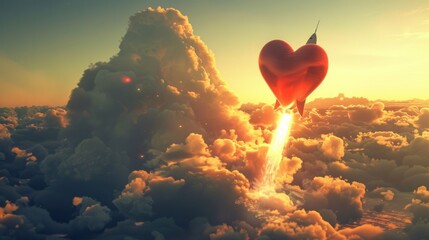 A heart-shaped balloon is seen flying through the sky in a surreal scene reminiscent of a photo-realistic rocket. The balloon floats gracefully upward against a clear blue sky backdrop.