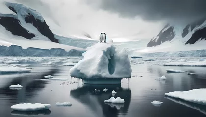 Fotobehang  Antarctica icebergs melting  with twice penguin lonely for environment issue concept of climate change effects © NanzXy