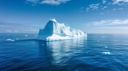 A large iceberg, formed by frozen freshwater, floats in the vast expanse of the ocean. Its sharp geometric edges contrast with the surrounding water, showcasing the raw power of nature.