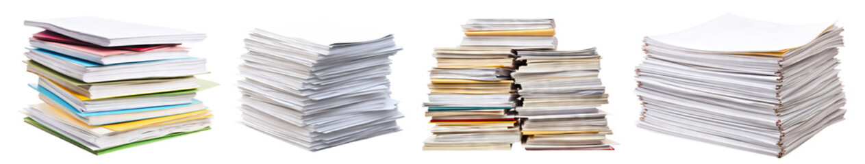 Set of towering stacks of paperwork and files, cut out