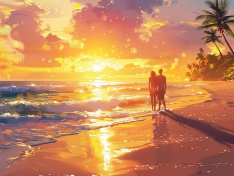 Two people standing on beach at sunset