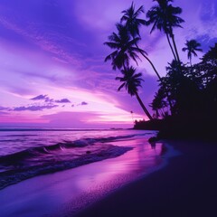Purple sunset on tropical beach with palm trees